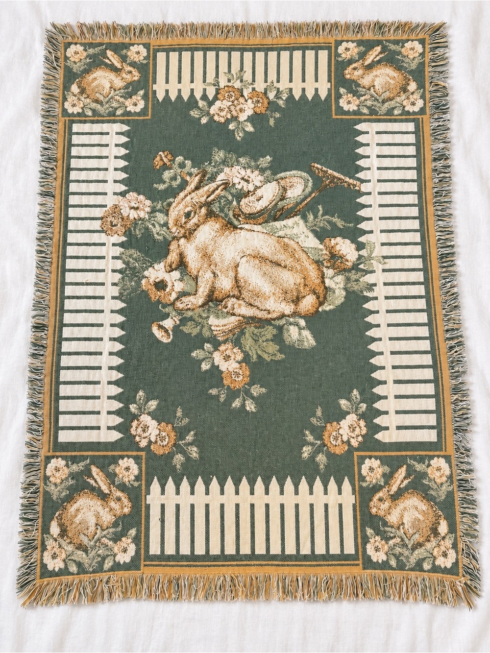 Vintage Bunny Rabbit Woven Tapestry Throw Blanket 62x44 Cottagecore